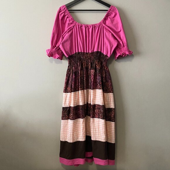 Handmade Plus Size Linen Cotton Batik Pink Multicolour Peasant Dress - Picture 2 of 16